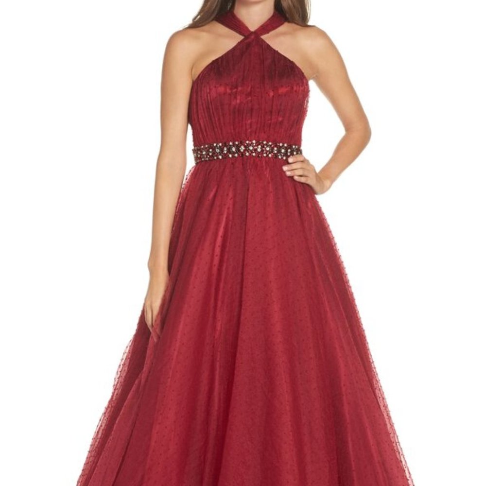 $698 MAC DUGGAL EMBELLISHED TULLE HALTER BALL GOWN SIZE 12